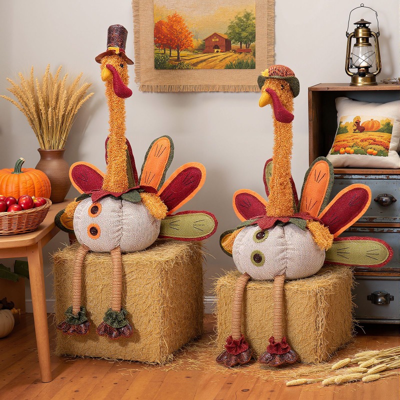 Home Textiles Turkey - 感謝祭の七面鳥人形 秋のパーティー デスクトップ装飾品 長い脚の七面鳥人形 雰囲気のあるホリデーホームパーティー ウィンドウディスプレイ