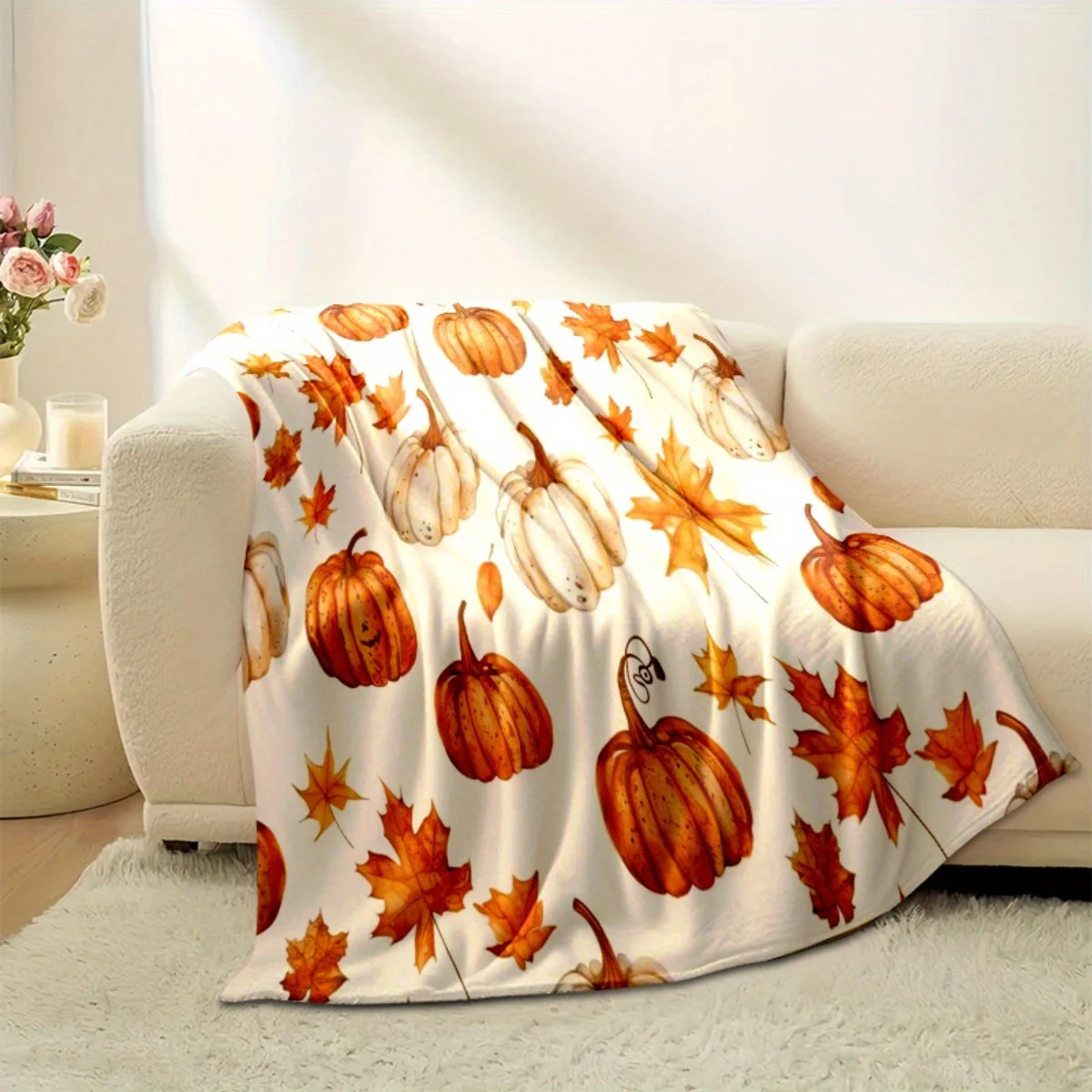 Home Textiles Turkey - 感謝祭用スローブランケット – 暖かいパンプキン、七面鳥、紅葉、「感謝祭」の文字入り、ソファ、ベッド、秋の家の装飾に