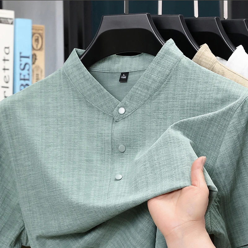 Textiles For Home - 夏用スタンドカラーハーフボタンメンズシャツ軽量テキスタイルブラウスデイリーストリートウェアホームレジャー＆短期旅行用衣装