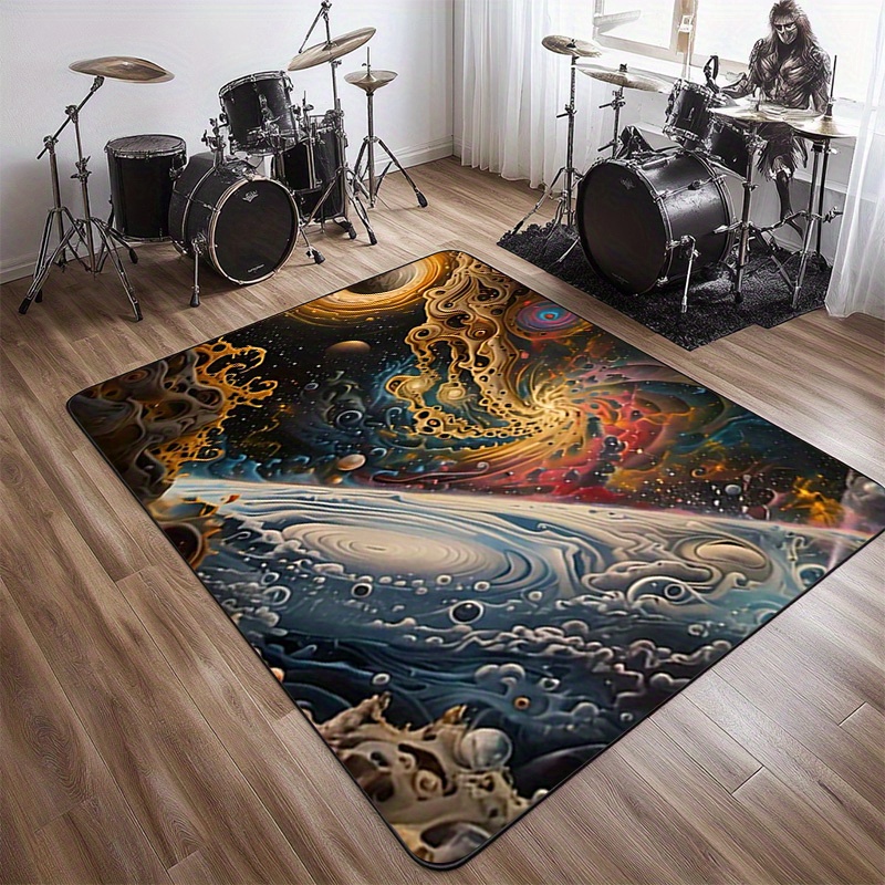 Galaxy Home Textiles - 宇宙空間パターン滑り止めマット - 鮮やかな銀河と惑星のデザイン、クリスタルベルベット、洗濯機洗い可能、リビングルームに最適
