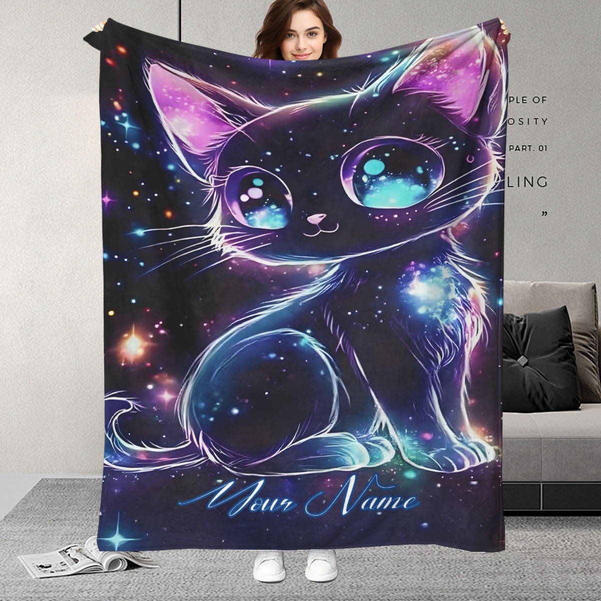 Galaxy Home Textiles - カスタマイズ可能な名前入り銀河猫柄ブランケット、宇宙猫イラスト、夢のような星空デザインの誕生日プレゼント