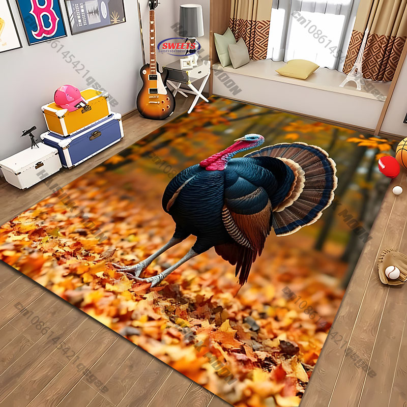 Home Textiles Turkey - 鮮やかなトルコ絨毯、カラフルな感謝祭の鳥柄フロアマット、リビングルームや寝室の秋の収穫装飾に最適な柔らかいフランネルカーペット