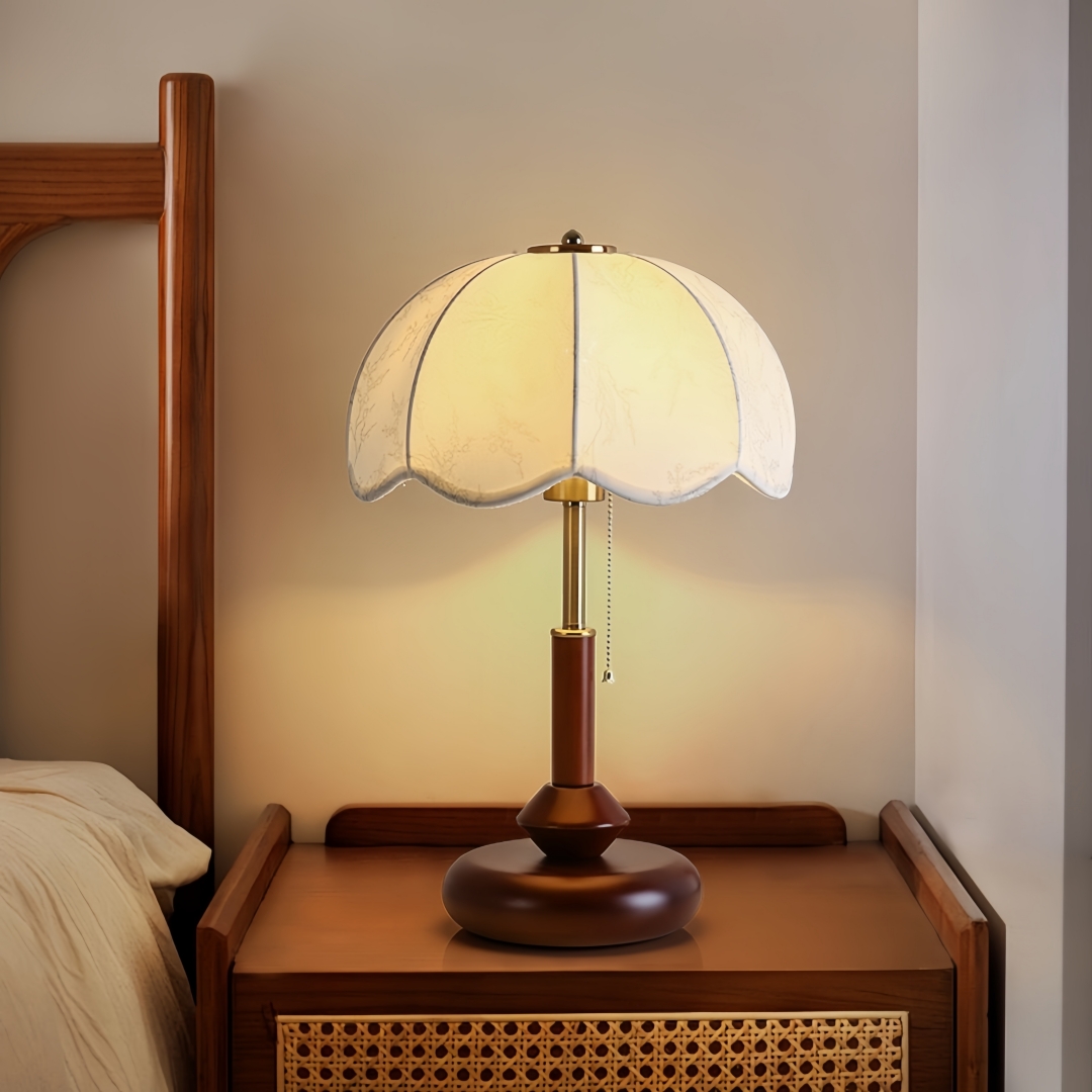 Textiles For Home - ヴィンテージスカラップドームテーブルランプ寝室ナイトスタンド書斎玄関用プルチェーンレトロ暖かいクラシックホームアクセント装飾照明