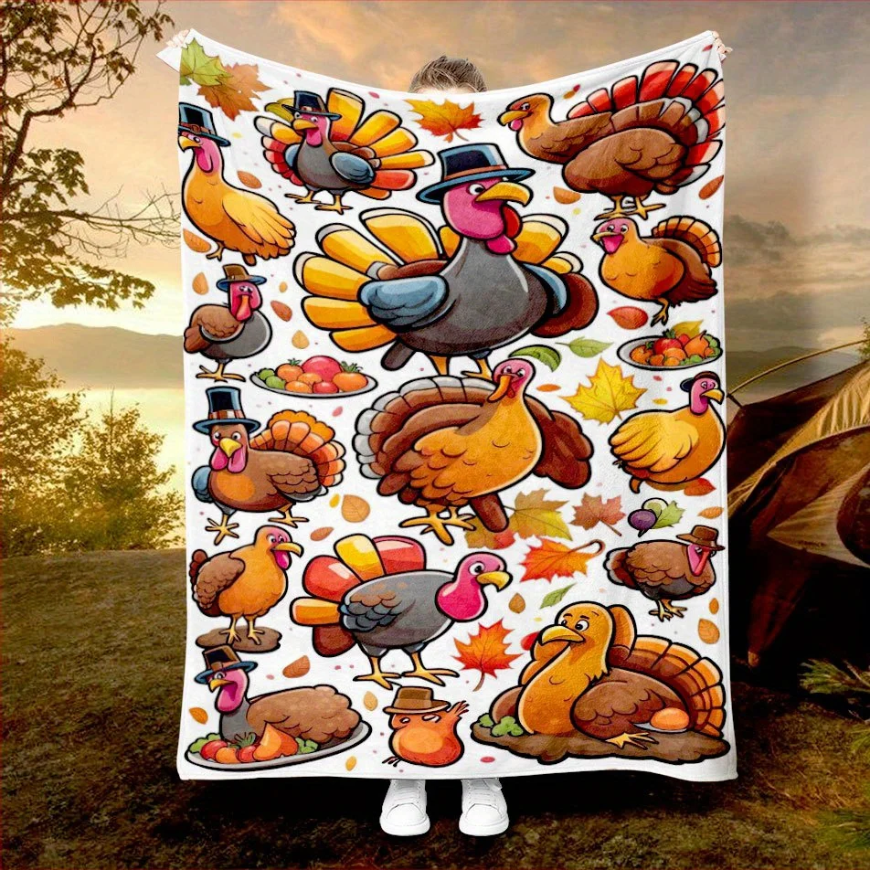 Home Textiles Turkey - トルコ感謝祭ブランケット 秋のテーマ 漫画デザイン ソフトフリーススロー ホームデコレーション ギフトアイデア