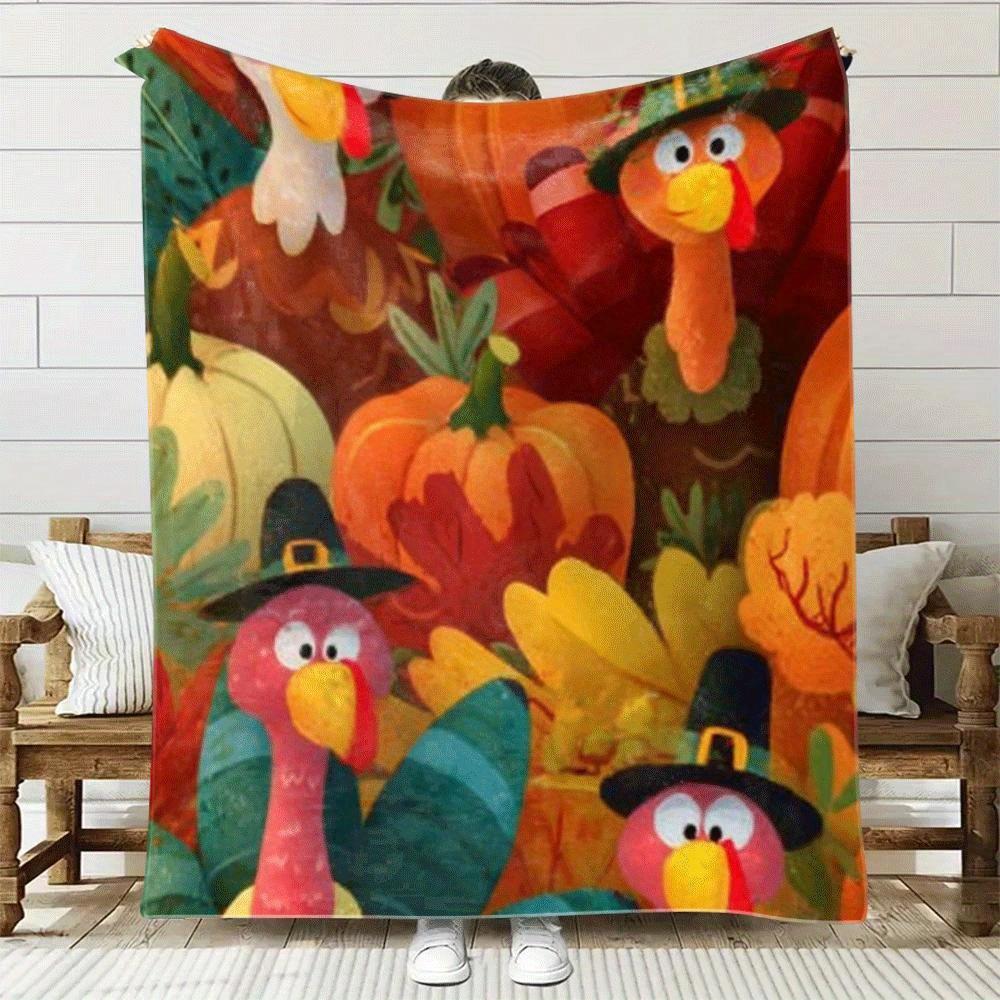 Home Textiles Turkey - 漫画の七面鳥とカボチャのパターン フランネルプリントブランケット オールシーズンに適しています リビングルーム、オフィス、ソファ、旅行に適しています