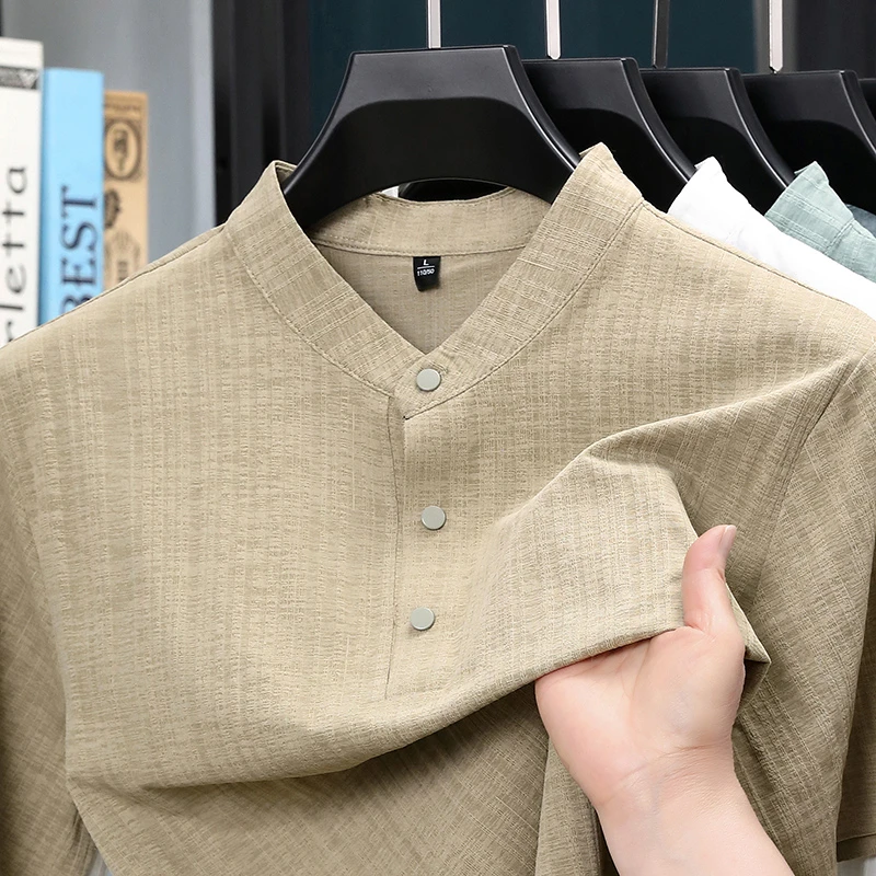 夏用スタンドカラーハーフボタンメンズシャツ軽量テキスタイルブ - Textiles For Home のレビューと価格