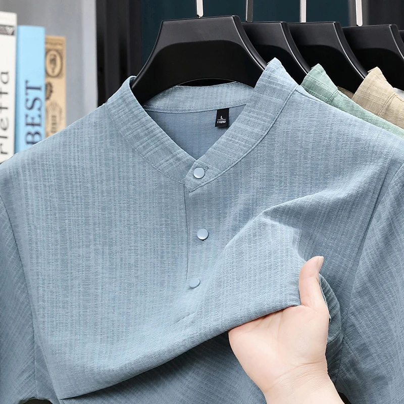 夏用スタンドカラーハーフボタンメンズシャツ軽量テキスタイルブ - Textiles For Home のレビューと価格