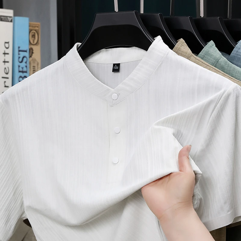 夏用スタンドカラーハーフボタンメンズシャツ軽量テキスタイルブ - Textiles For Home のレビューと価格