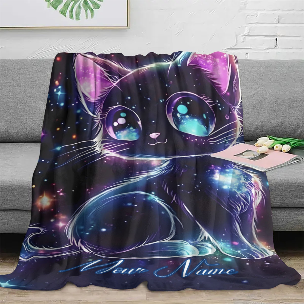 カスタマイズ可能な名前入り銀河猫柄ブランケット、宇宙猫イラス - Galaxy Home Textiles のレビューと価格