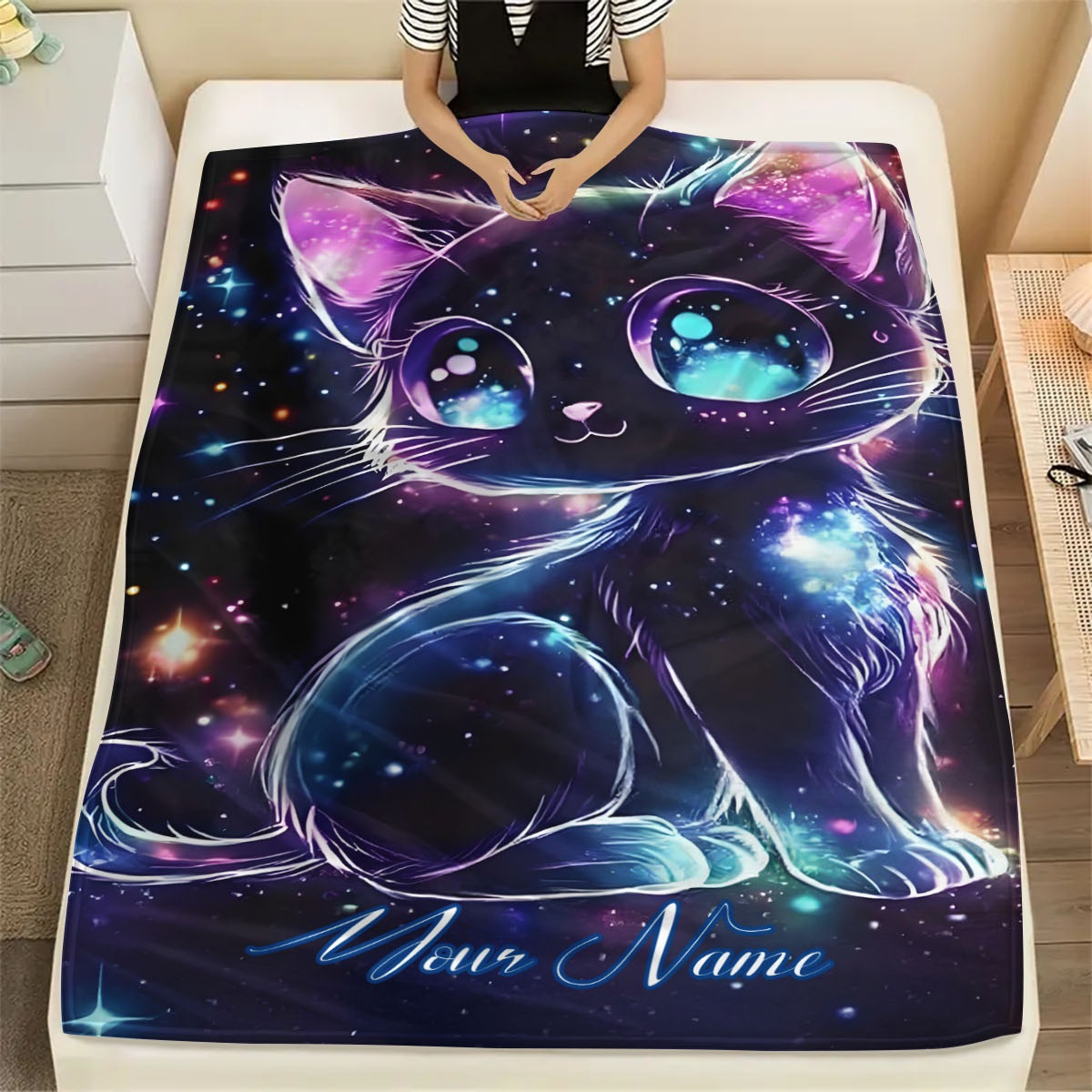 カスタマイズ可能な名前入り銀河猫柄ブランケット、宇宙猫イラス - Galaxy Home Textiles のレビューと価格