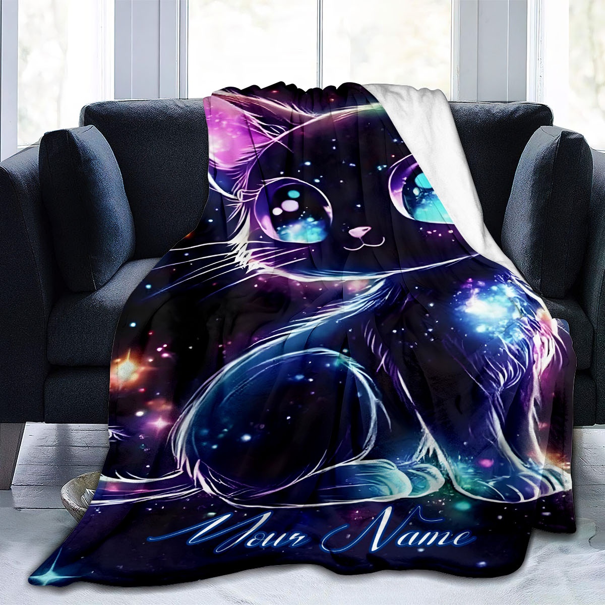 カスタマイズ可能な名前入り銀河猫柄ブランケット、宇宙猫イラス - Galaxy Home Textiles のレビューと価格